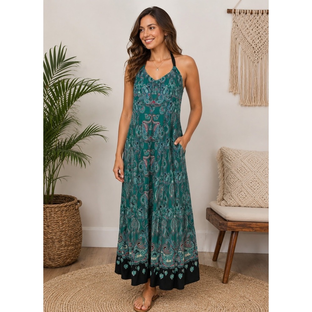 Ann Taylor Loft Womens Paisley Halter Maxi Dress 2 Greenâ Boho Summer Tie Neck